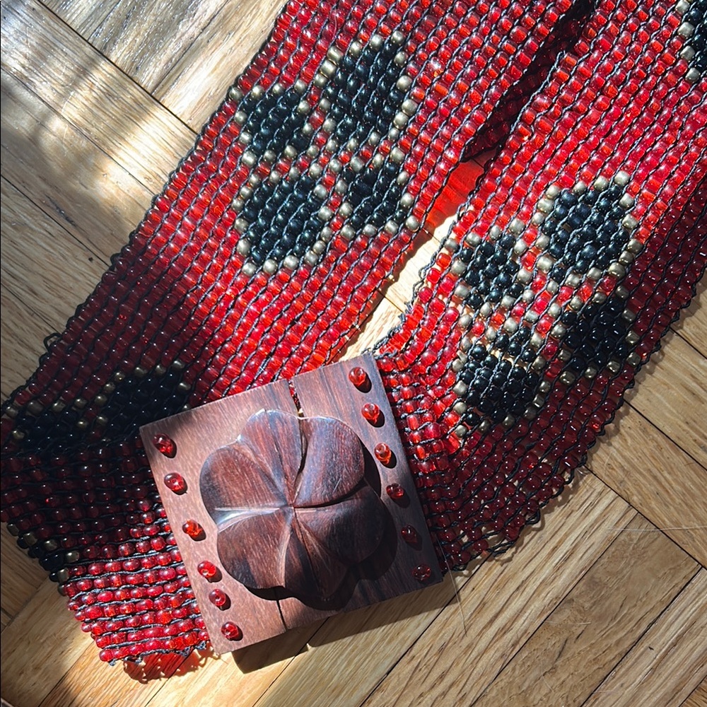 Beaded Red and Black Belt with Wooden Buckle